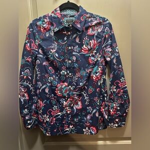 Talbots Size XS Navy Floral Button Down Shirt NWOT